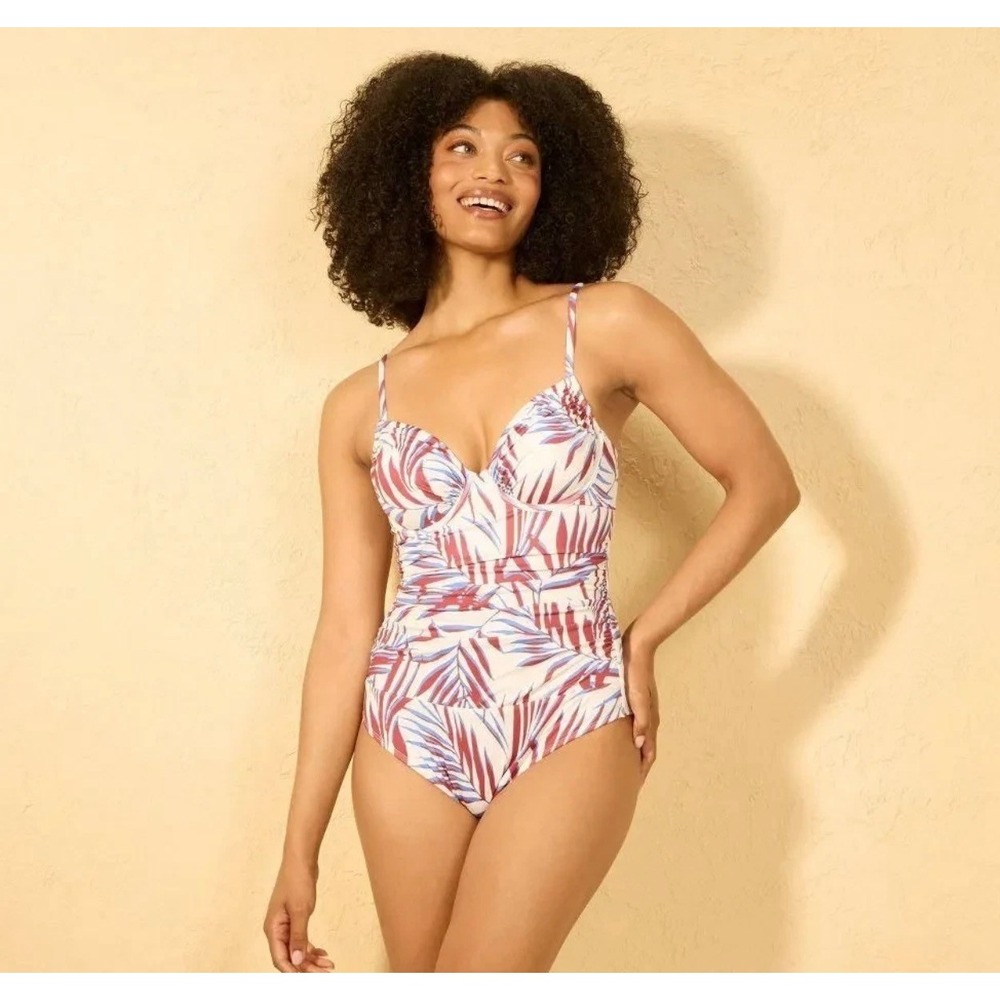 Shade & Shore Tropical Palm Underwire One Piece Swimsuit White Burgundy XS 0-2